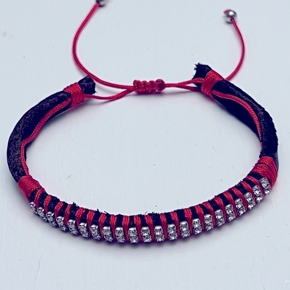 Rhinestone Leather Macrame Red Bracelet - Picture 6 of 6